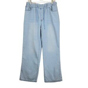 Womens XL comfy elastic tie waist wide leg relaxed light wash distressed jeans